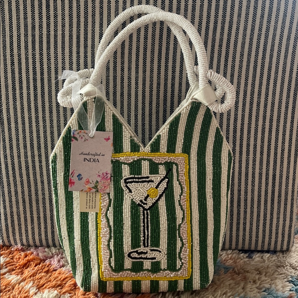Made in India viral Handcrafted Green and White Striped Martini Glass Tote Bag
